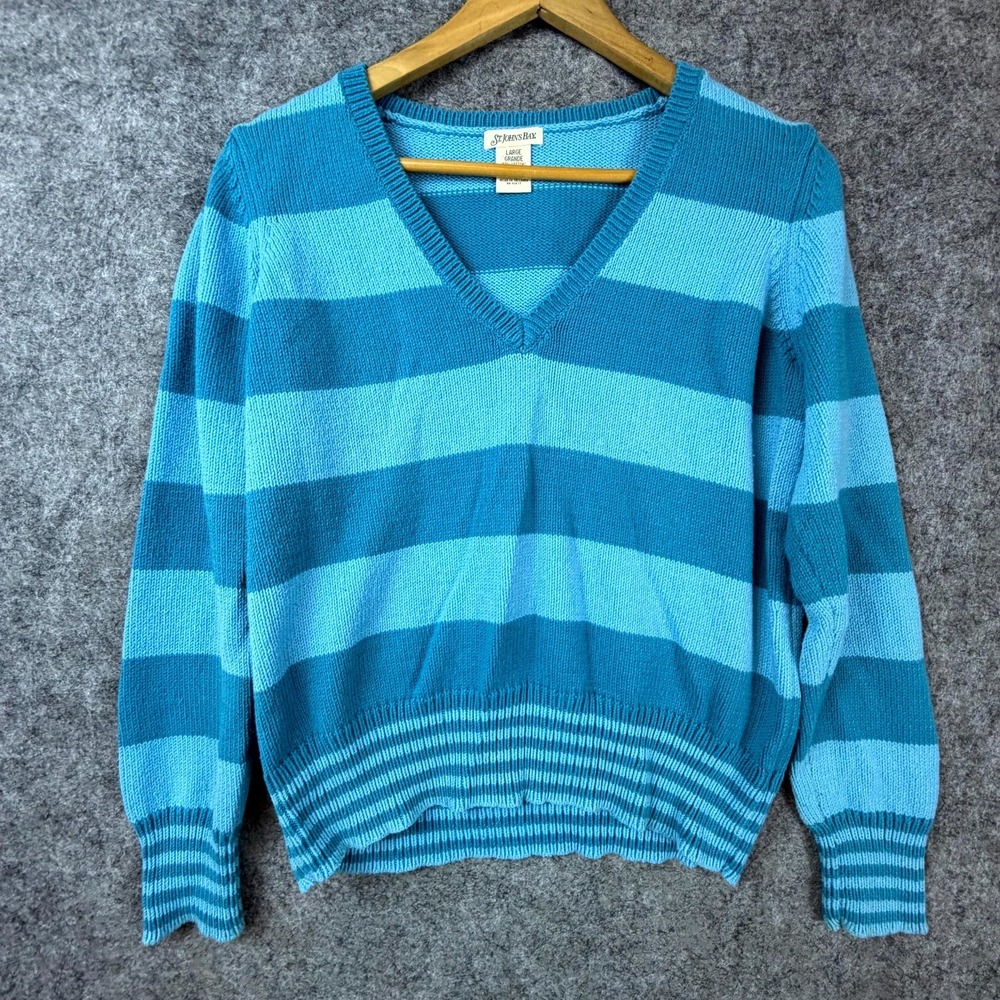 Vintage‎ St. John's Bay Sweater Women Large Dark Blue 80s Classic Striped Winter